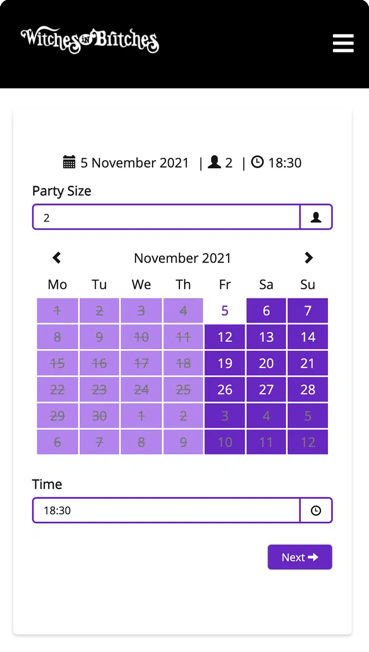 Screenshot of booking system widget