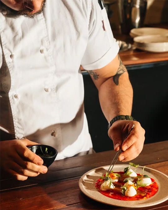 Food photography of chef plating a dish from a restaurant marketing campaign.